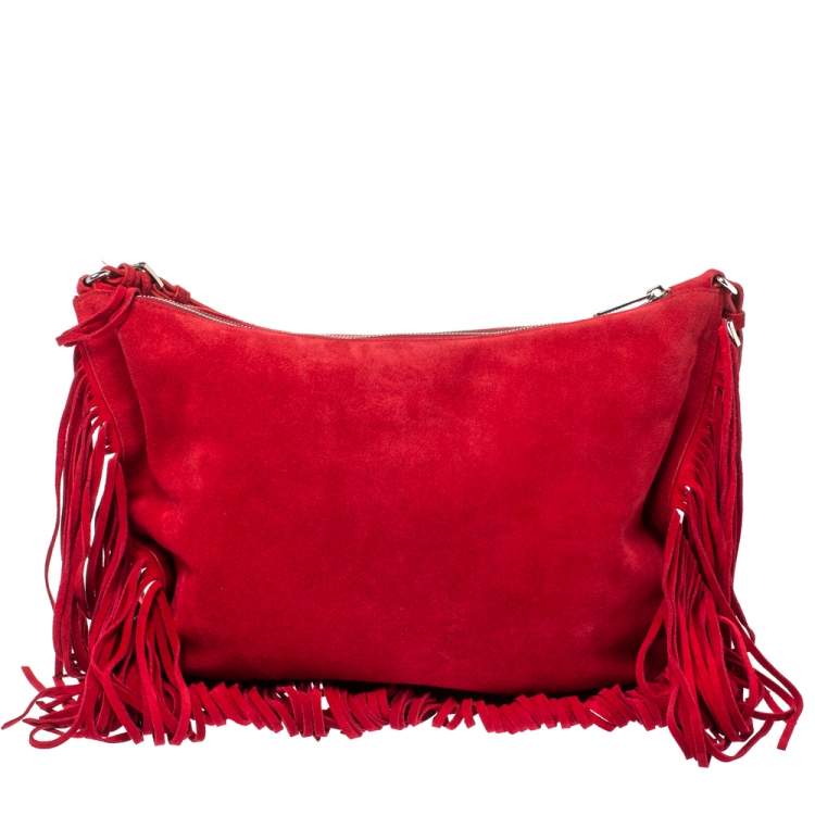 Pre Owned Michael Michael Kors Red Suede Dakota Fringe Crossbody Bag