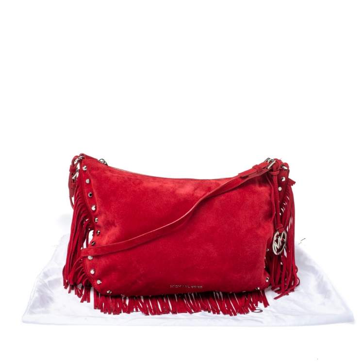 Pre Owned Michael Michael Kors Red Suede Dakota Fringe Crossbody Bag