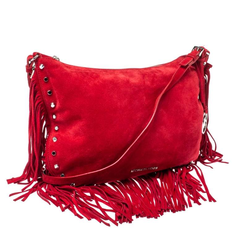 Pre Owned Michael Michael Kors Red Suede Dakota Fringe Crossbody Bag
