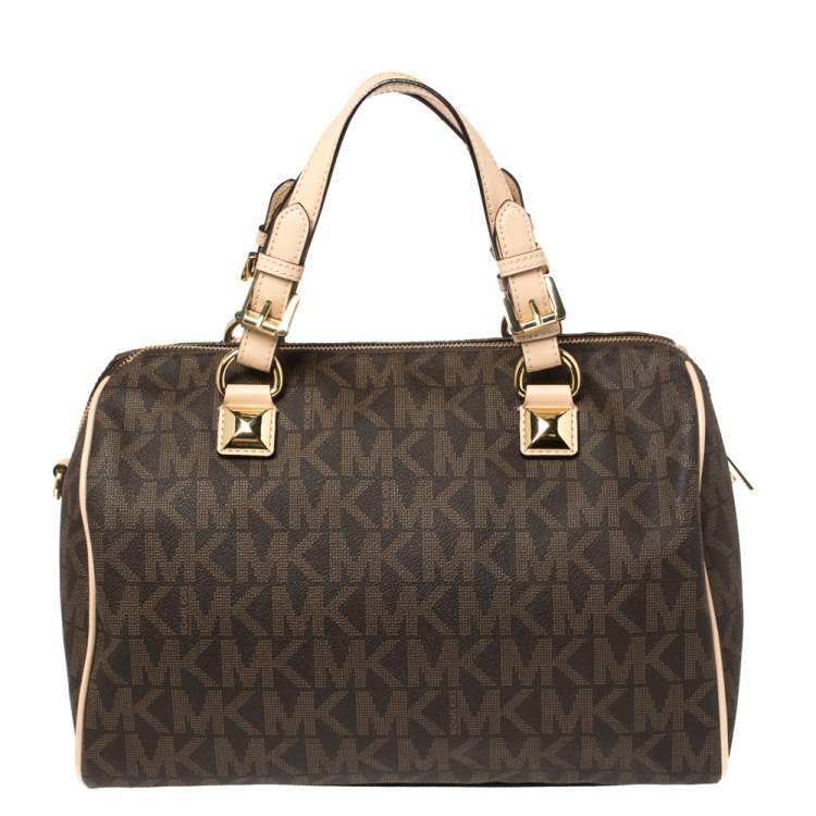 مملوكة مسبقًا MICHAEL Michael Kors Brown/Beige Signature Coated Canvas and Leather Grayson Boston Bag
