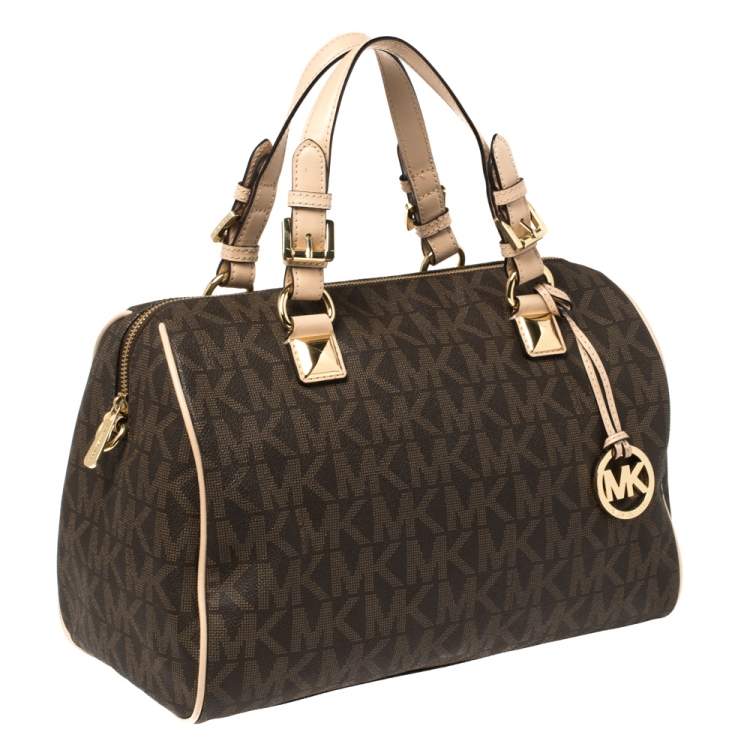 مملوكة مسبق�ًا MICHAEL Michael Kors Brown/Beige Signature Coated Canvas and Leather Grayson Boston Bag
