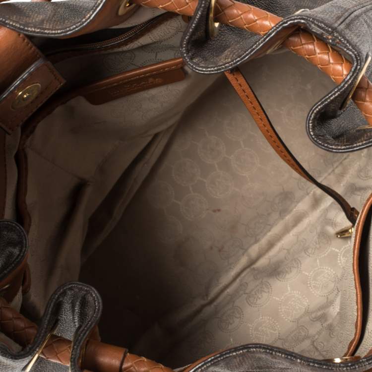 Pre Owned MICHAEL Michael Kors Brown/Tan Signature Coated Canvas and Leather Jet Set Drawstring Bag