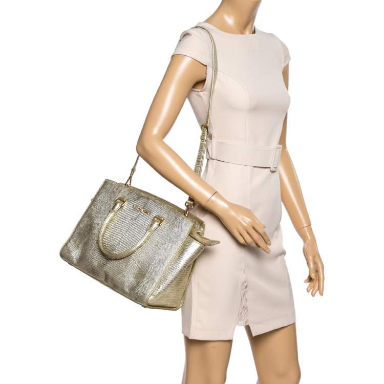 Pre Owned MICHAEL Michael Kors Metallic Gold Lizard Embossed Leather Medium Selma Tote