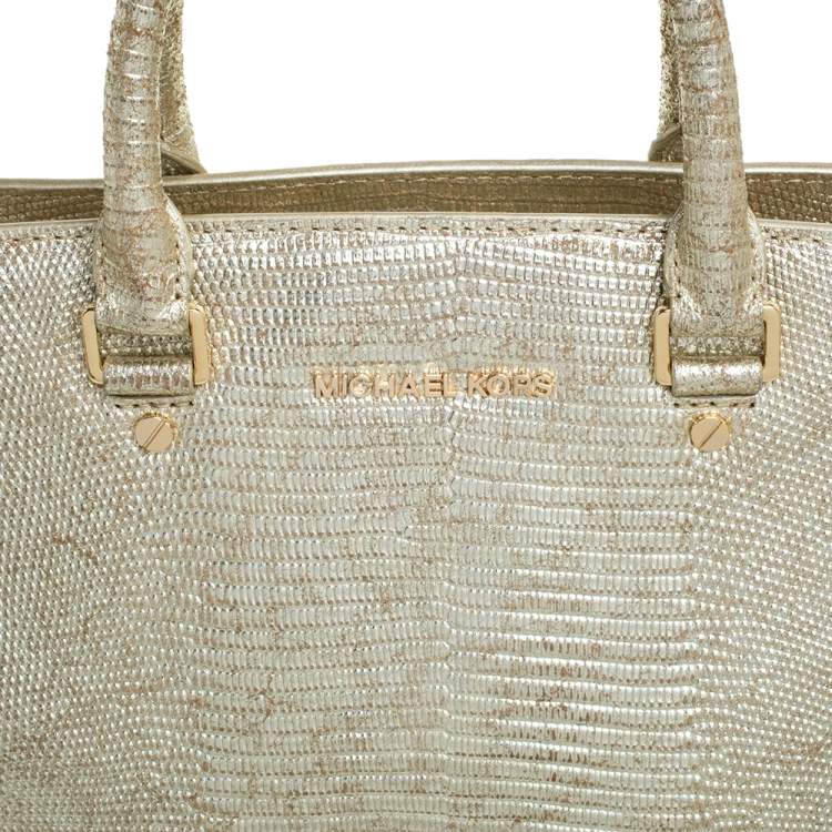 Pre Owned MICHAEL Michael Kors Metallic Gold Lizard Embossed Leather Medium Selma Tote