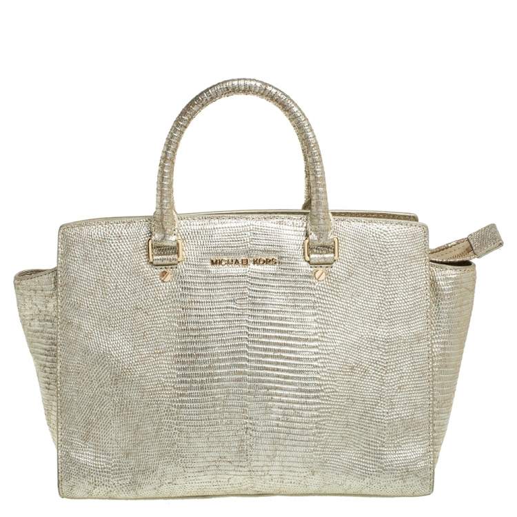 Pre Owned MICHAEL Michael Kors Metallic Gold Lizard Embossed Leather Medium Selma Tote