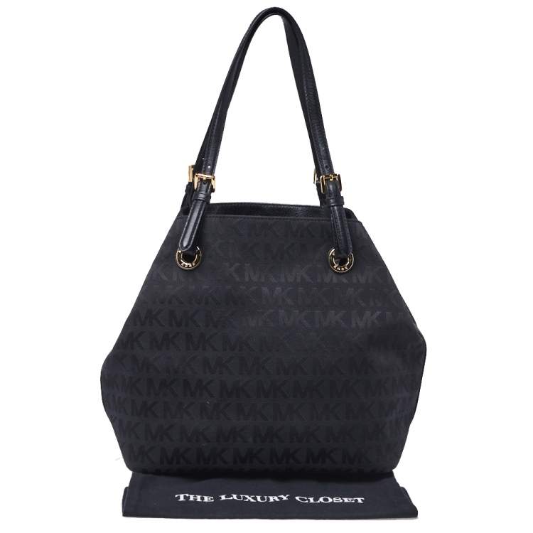 Pre Owned MICHAEL Micheal Kors Black Signature Canvas and Leather Jet Set Tote