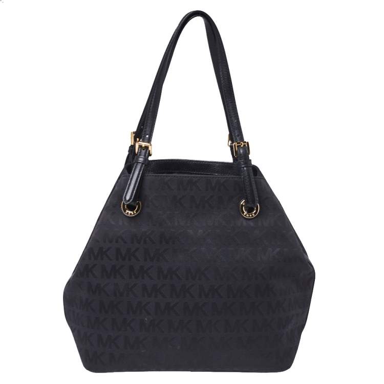 Pre Owned MICHAEL Micheal Kors Black Signature Canvas and Leather Jet Set Tote