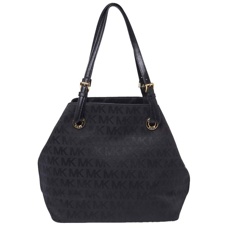 Pre Owned MICHAEL Micheal Kors Black Signature Canvas and Leather Jet Set Tote