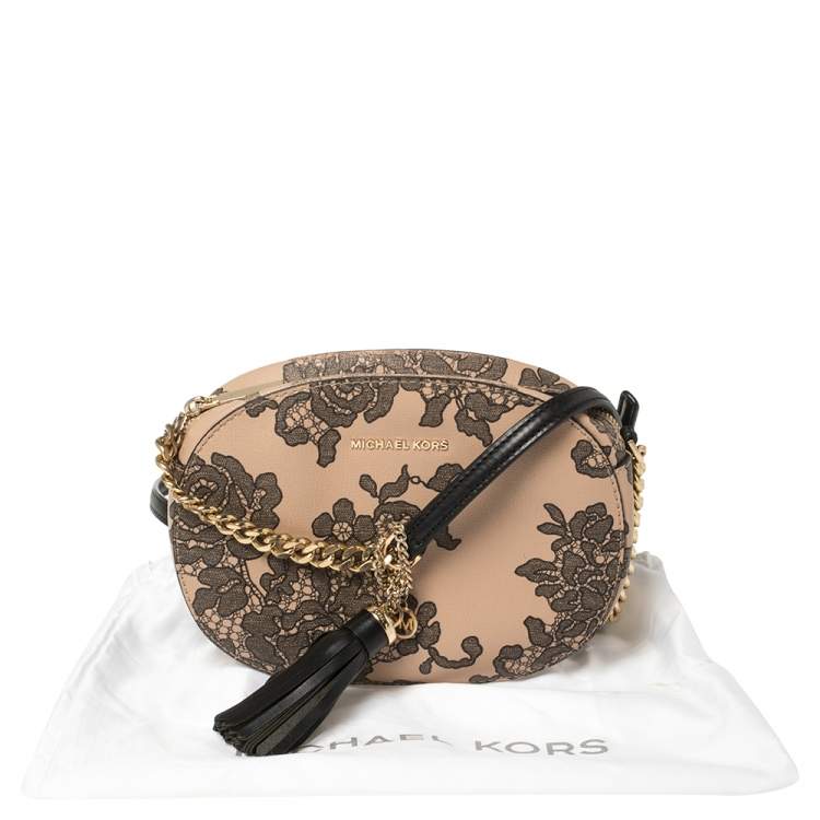 Pre Owned MICHAEL Michael Kors Peach/Black Printed Leather Crossbody Bag