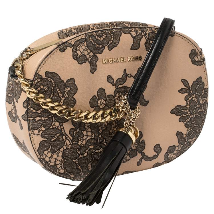Pre Owned MICHAEL Michael Kors Peach/Black Printed Leather Crossbody Bag