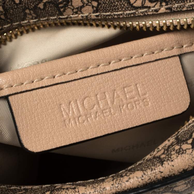 Pre Owned MICHAEL Michael Kors Peach/Black Printed Leather Crossbody Bag
