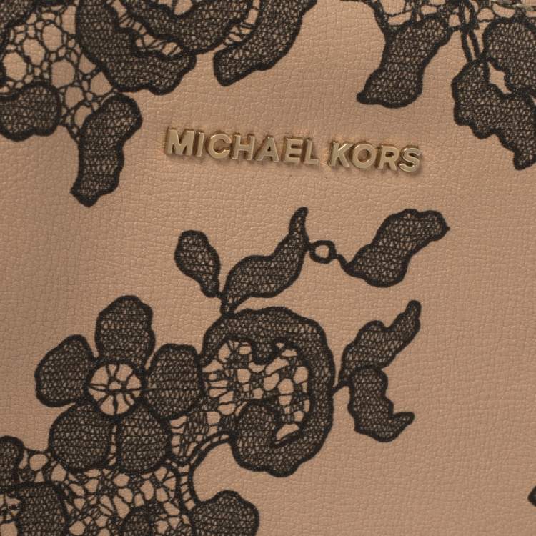 Pre Owned MICHAEL Michael Kors Peach/Black Printed Leather Crossbody Bag