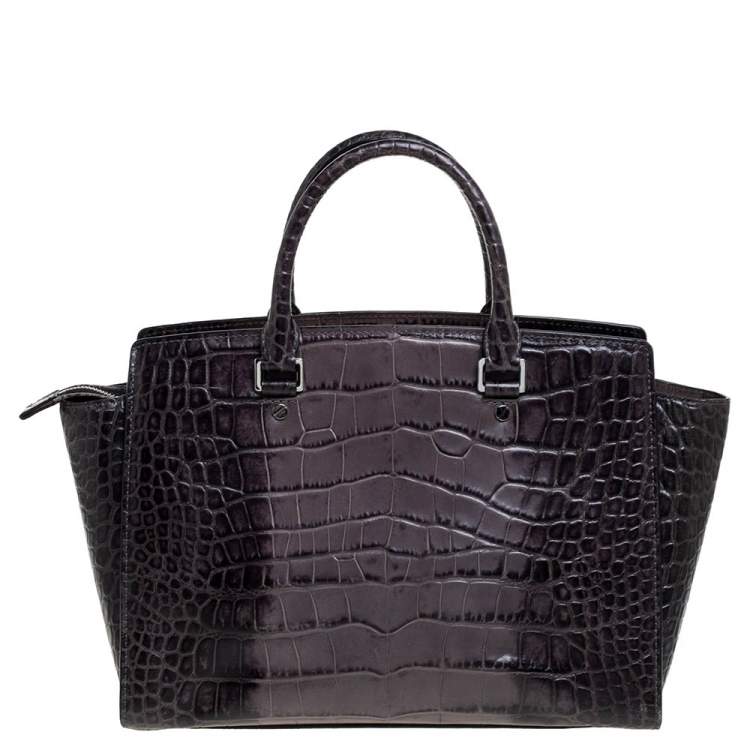 Pre Owned MICHAEL Michael Kors Grey/Black Croc Embossed Leather Large Selma Tote