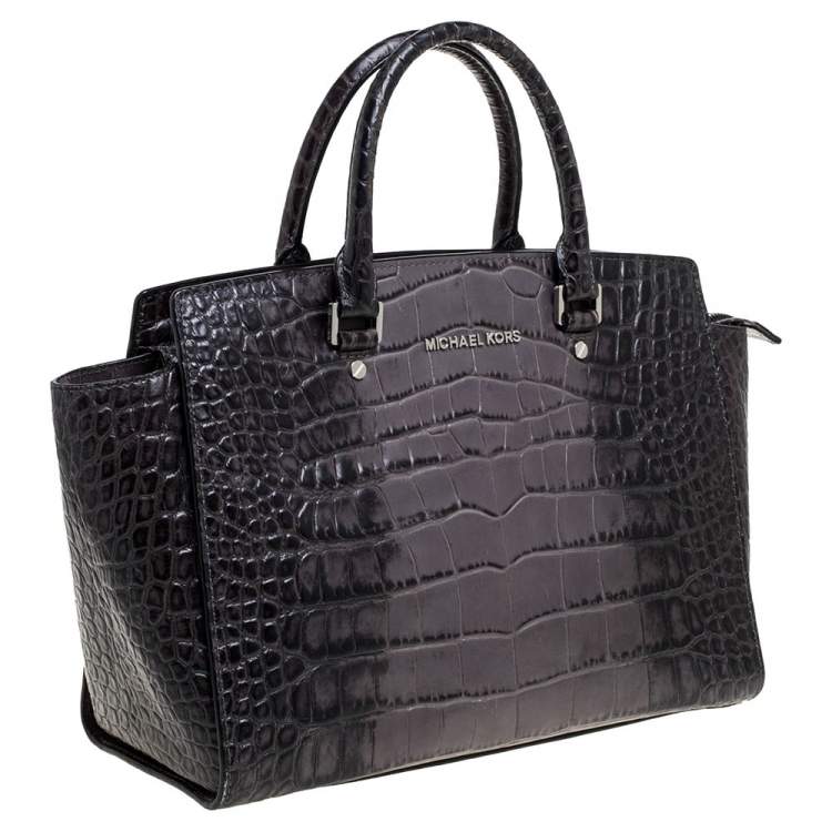 Pre Owned MICHAEL Michael Kors Grey/Black Croc Embossed Leather Large Selma Tote