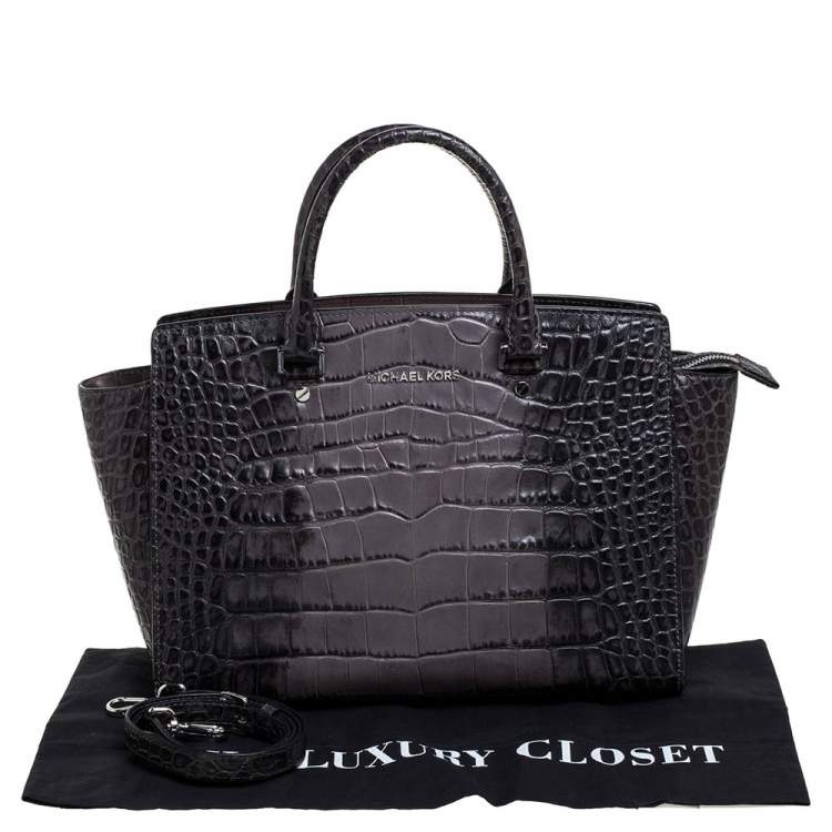 Pre Owned MICHAEL Michael Kors Grey/Black Croc Embossed Leather Large Selma Tote