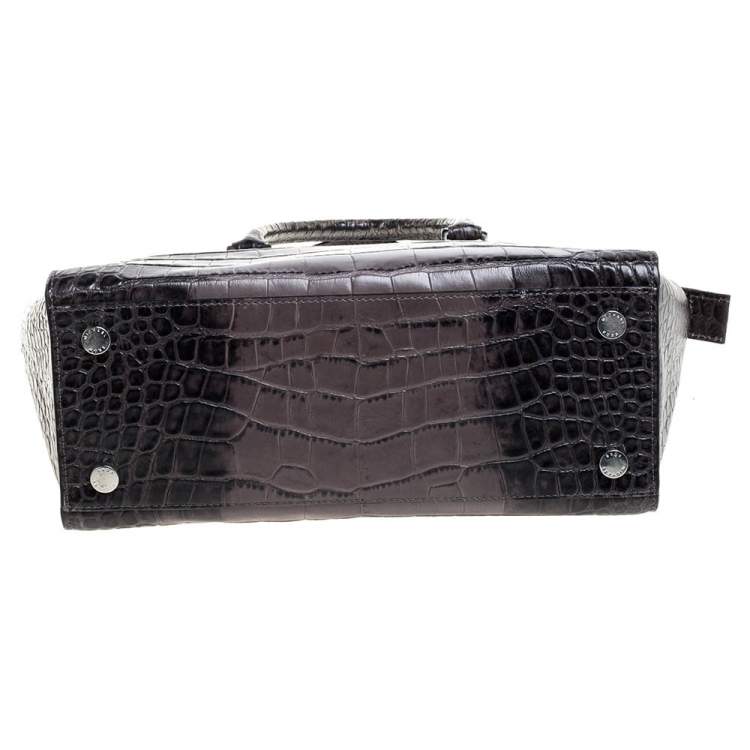 Pre Owned MICHAEL Michael Kors Grey/Black Croc Embossed Leather Large Selma Tote