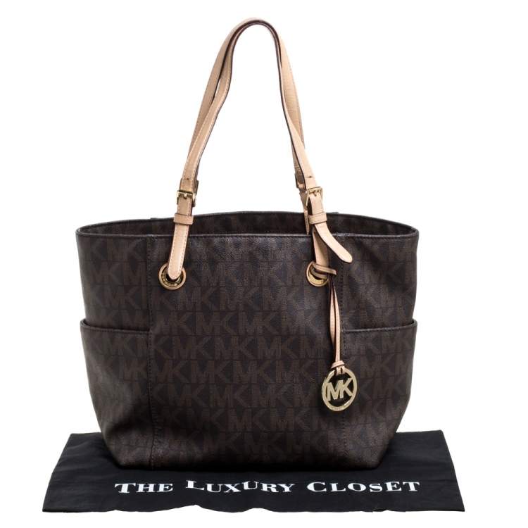 Pre Owned MICHAEL Michael Kors Brown Signature Coated Canvas and Leather Jet Set Tote