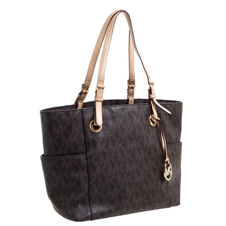 Pre Owned MICHAEL Michael Kors Brown Signature Coated Canvas and Leather Jet Set Tote