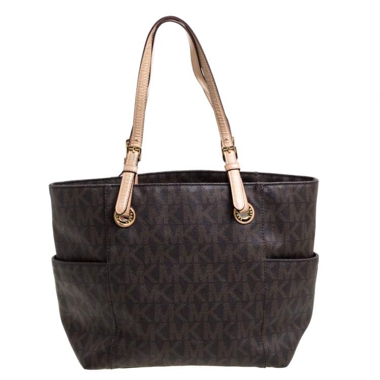 Pre Owned MICHAEL Michael Kors Brown Signature Coated Canvas and Leather Jet Set Tote