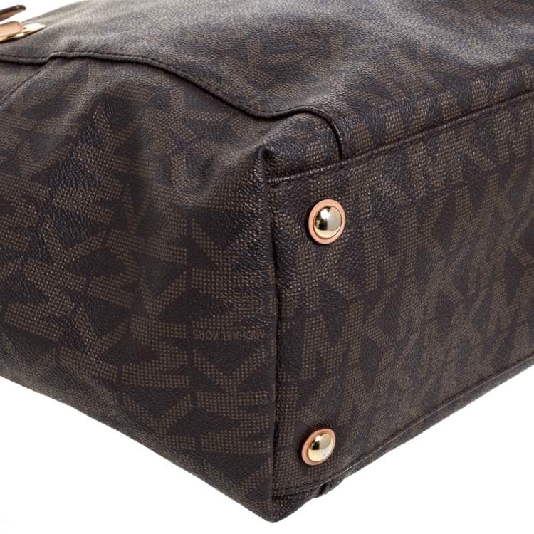 Pre Owned MICHAEL Michael Kors Brown Signature Coated Canvas and Leather Jet Set Tote