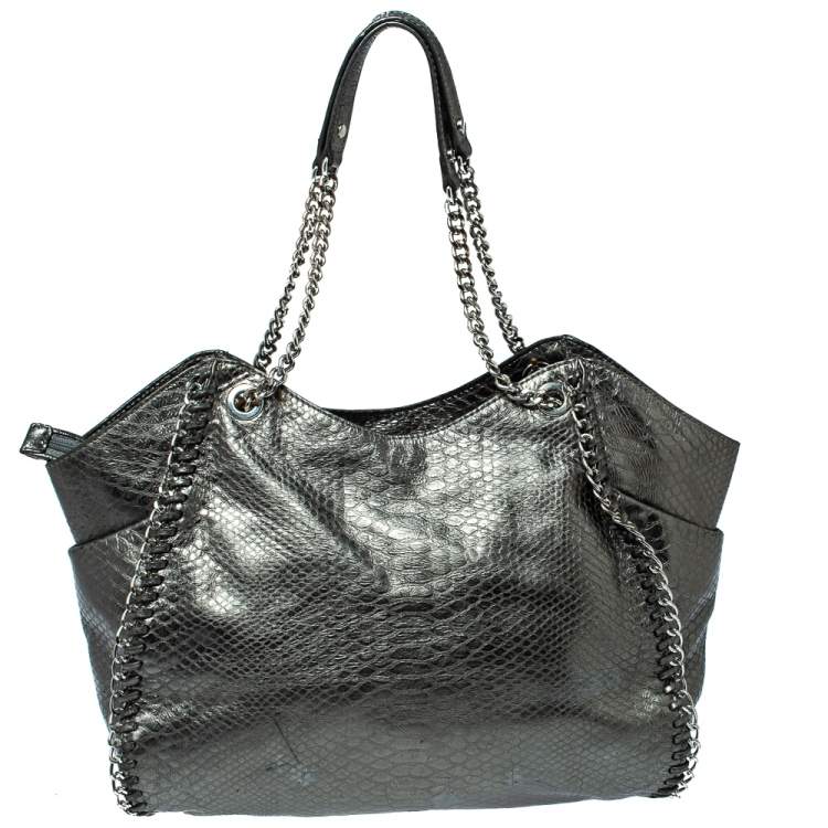 Pre Owned MICHAEL Michael Kors Metallic Python Effect Leather Tassel Chain Detail Satchel