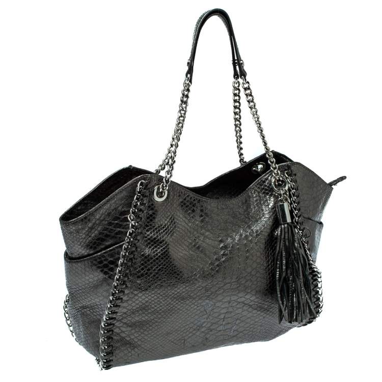 Pre Owned MICHAEL Michael Kors Metallic Python Effect Leather Tassel Chain Detail Satchel
