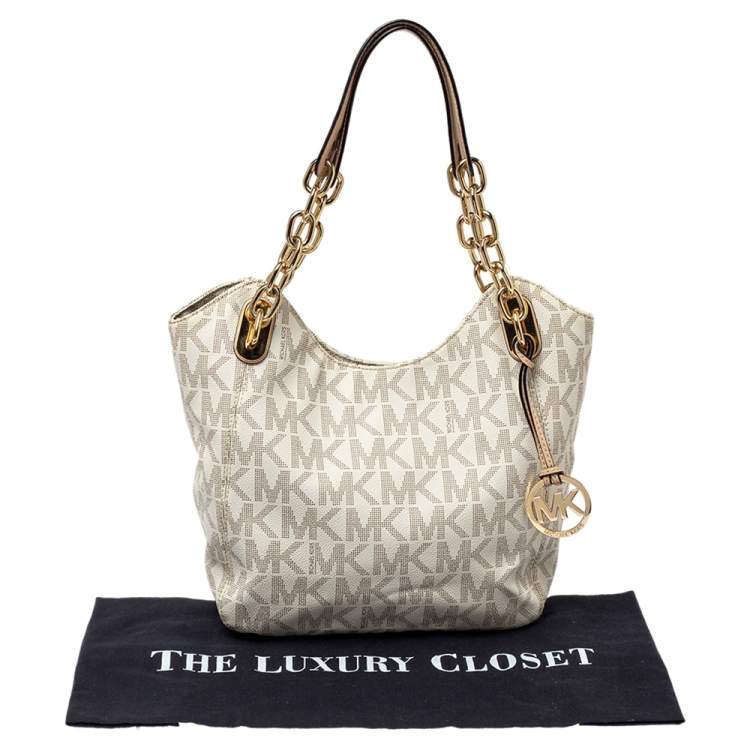 Pre Owned MICHAEL Michael Kors White Signature Coated Canvas Lilly Tote