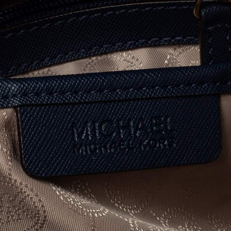 Pre Owned MICHAEL Michael Kors Blue/White Saffiano Leather Large Jet Set Travel Tote