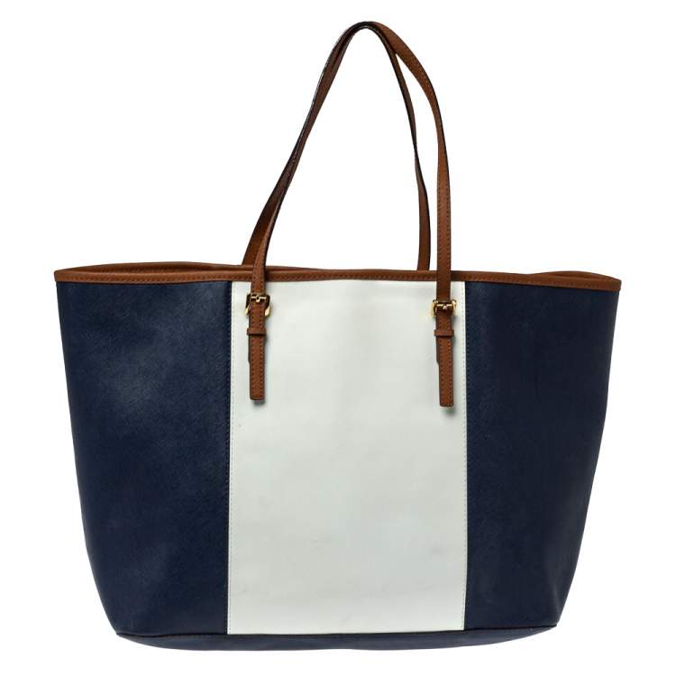 Pre Owned MICHAEL Michael Kors Blue/White Saffiano Leather Large Jet Set Travel Tote