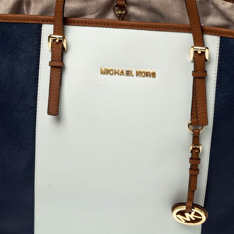 Pre Owned MICHAEL Michael Kors Blue/White Saffiano Leather Large Jet Set Travel Tote