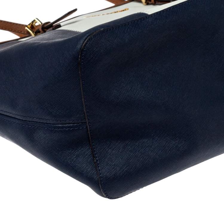 Pre Owned MICHAEL Michael Kors Blue/White Saffiano Leather Large Jet Set Travel Tote