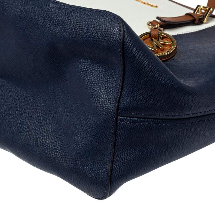 Pre Owned MICHAEL Michael Kors Blue/White Saffiano Leather Large Jet Set Travel Tote