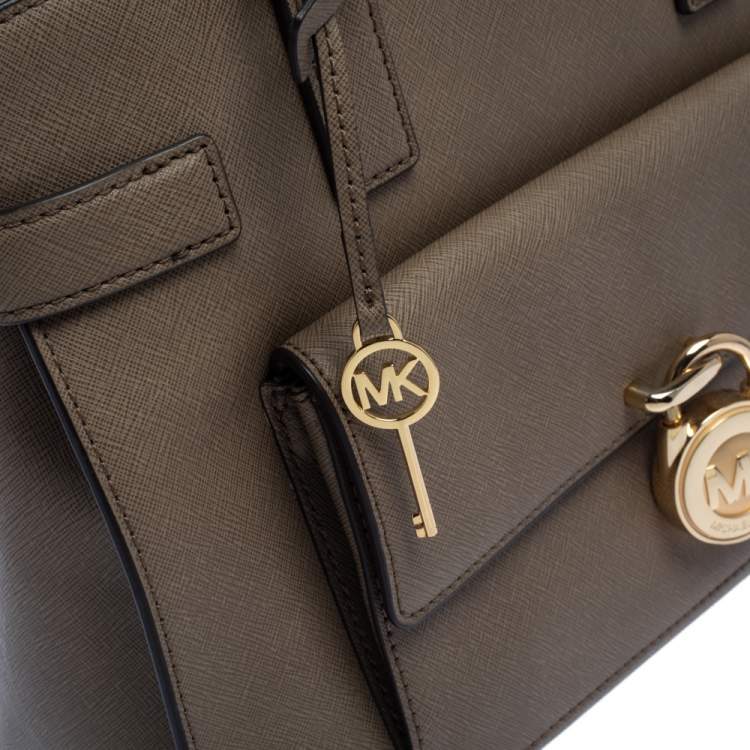 Pre Owned MICHAEL Michael Kors Dark Beige Leather Large Emma Satchel