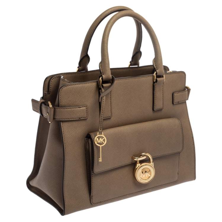 Pre Owned MICHAEL Michael Kors Dark Beige Leather Large Emma Satchel