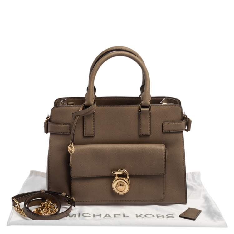Pre Owned MICHAEL Michael Kors Dark Beige Leather Large Emma Satchel
