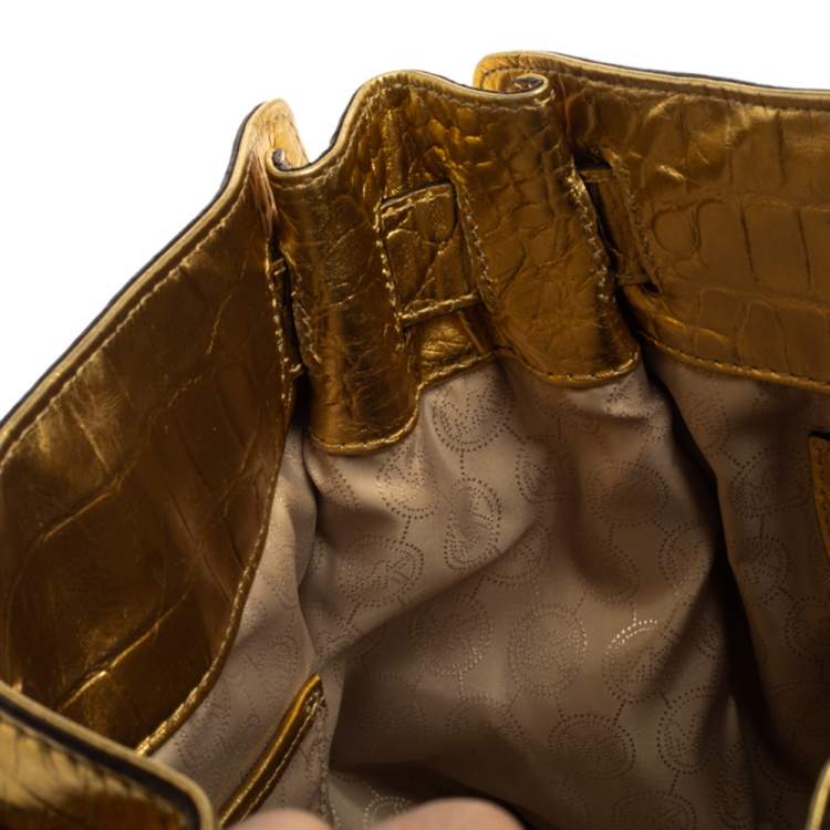 Pre Owned MICHAEL Michael Kors Gold Croc Embossed Patent Leather Large Hamilton North South Tote
