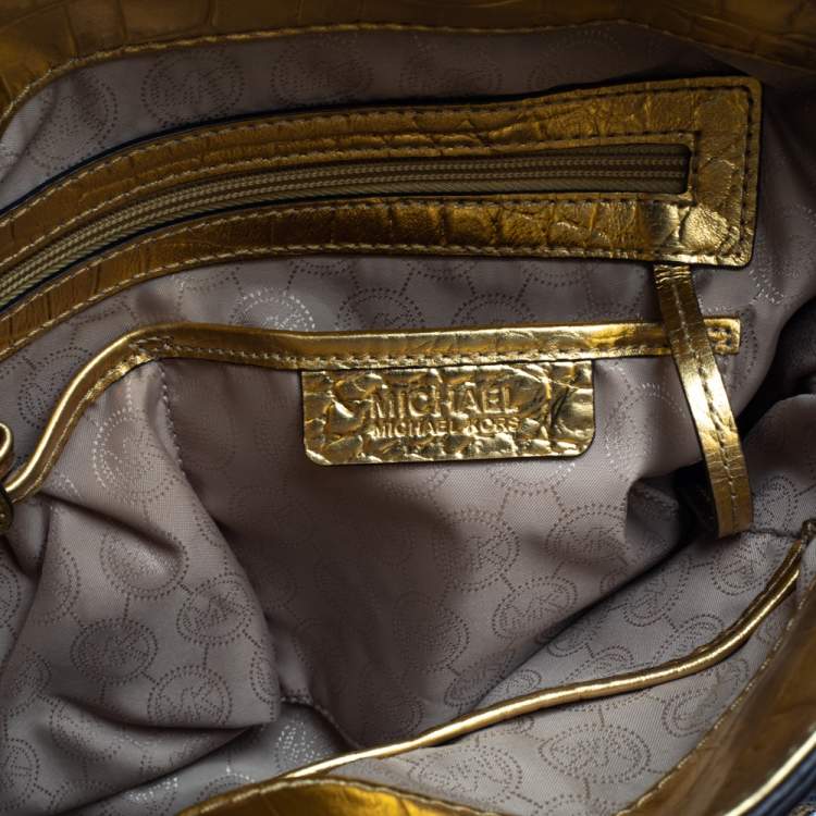 Pre Owned MICHAEL Michael Kors Gold Croc Embossed Patent Leather Large Hamilton North South Tote
