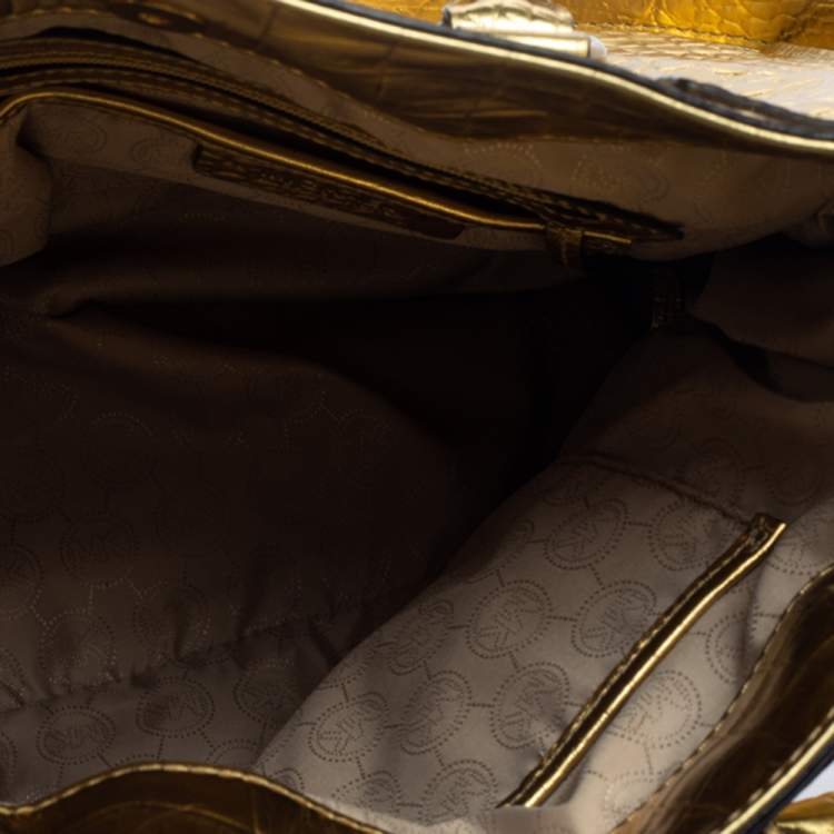Pre Owned MICHAEL Michael Kors Gold Croc Embossed Patent Leather Large Hamilton North South Tote