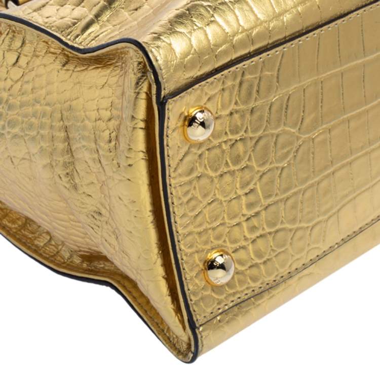 Pre Owned MICHAEL Michael Kors Gold Croc Embossed Patent Leather Large Hamilton North South Tote