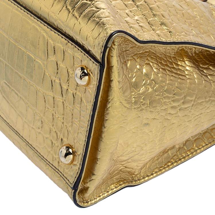Pre Owned MICHAEL Michael Kors Gold Croc Embossed Patent Leather Large Hamilton North South Tote