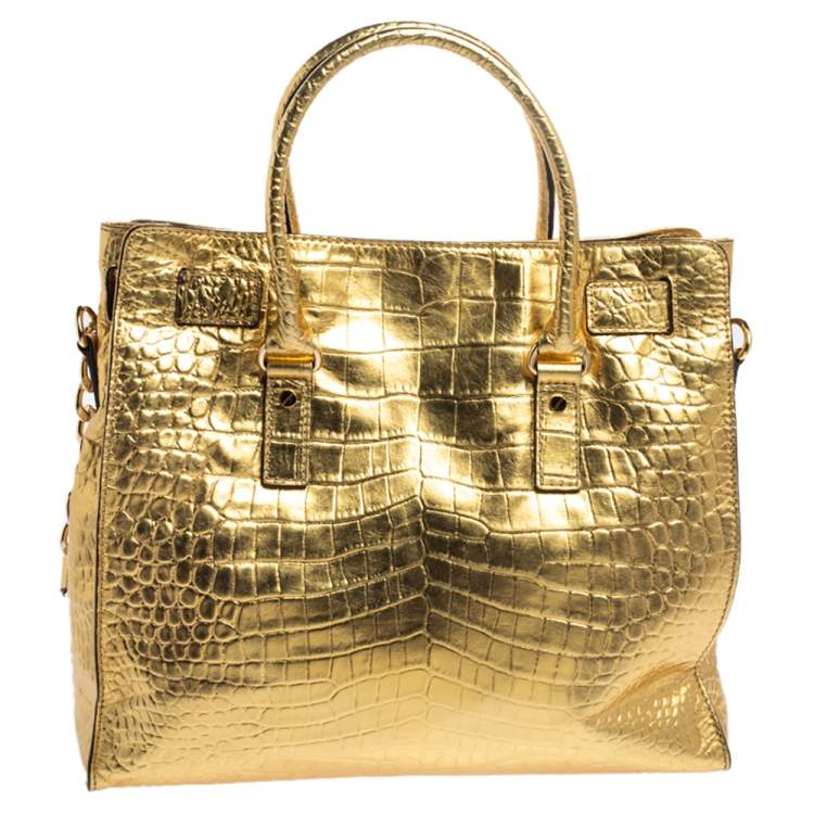 Pre Owned MICHAEL Michael Kors Gold Croc Embossed Patent Leather Large Hamilton North South Tote