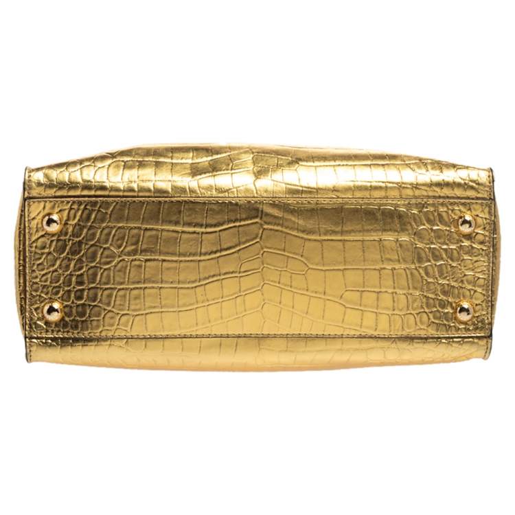 Pre Owned MICHAEL Michael Kors Gold Croc Embossed Patent Leather Large Hamilton North South Tote