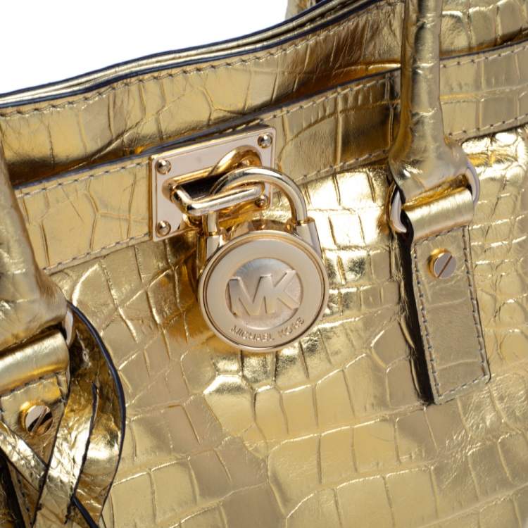 Pre Owned MICHAEL Michael Kors Gold Croc Embossed Patent Leather Large Hamilton North South Tote