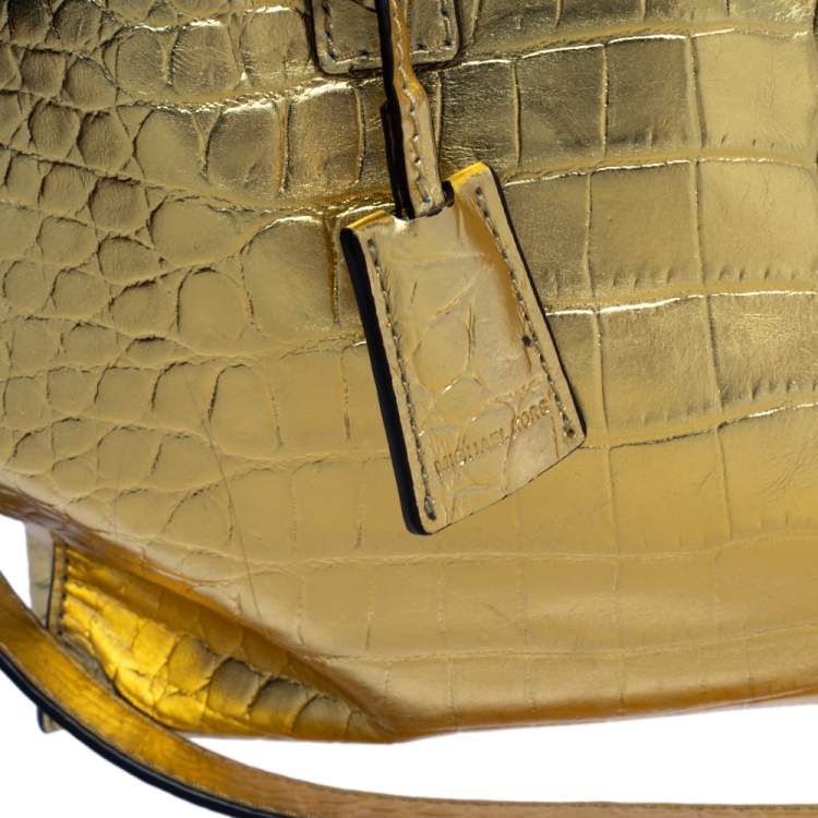 Pre Owned MICHAEL Michael Kors Gold Croc Embossed Patent Leather Large Hamilton North South Tote