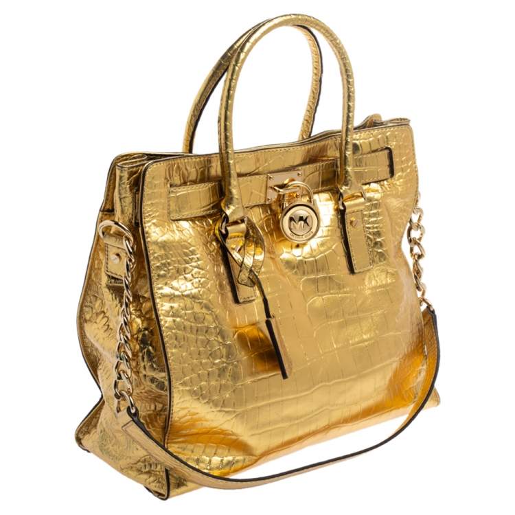 Pre Owned MICHAEL Michael Kors Gold Croc Embossed Patent Leather Large Hamilton North South Tote