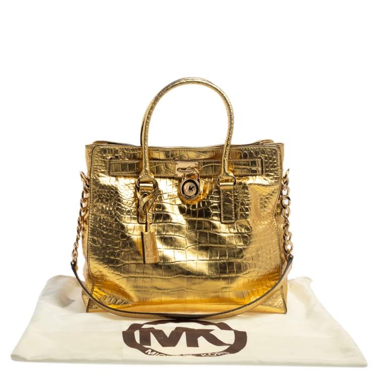Pre Owned MICHAEL Michael Kors Gold Croc Embossed Patent Leather Large Hamilton North South Tote