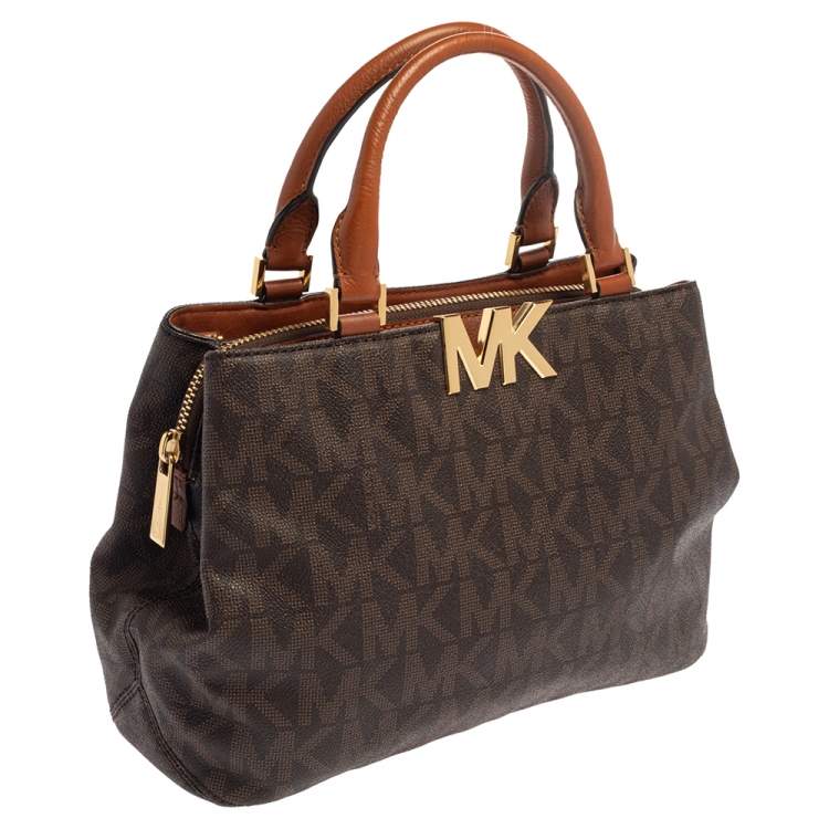 Pre Owned MICHAEL Michael Kors Brown Signature Coated Canvas and Leather Florence Satchel