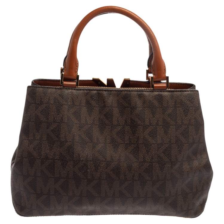 Pre Owned MICHAEL Michael Kors Brown Signature Coated Canvas and Leather Florence Satchel