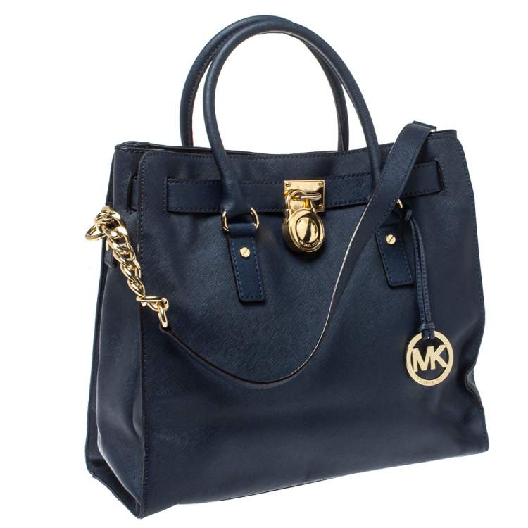 Pre Owned MICHAEL Michael Kors Navy Blue Leather Large Hamilton North South Tote