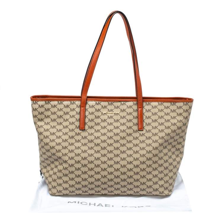 Pre Owned MICHAEL Michael Kors Beige/Orange Signature Coated Canvas and Leather Large Emry Tote 